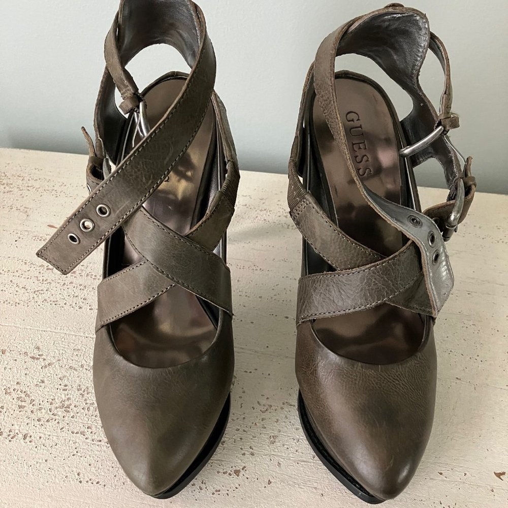 Guess Gray Leather Strappy Platform Heels, Size 8 M